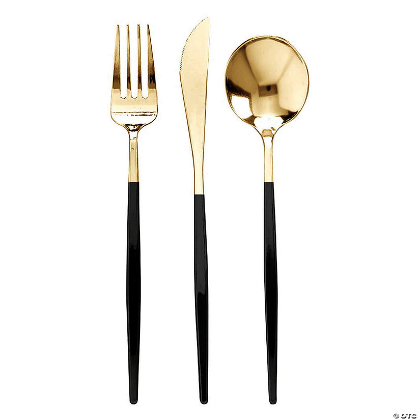 720 Pc. Gold with Black Handle Moderno Disposable Plastic Cutlery Set - Spoons, Forks and Knives (240 Guests) Image