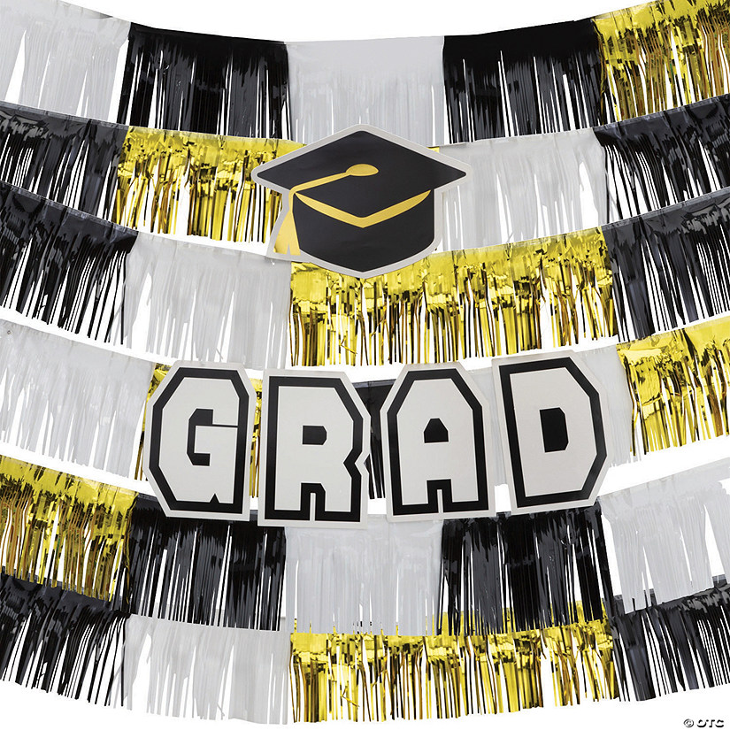 78" Graduation Black, Gold & Silver Fringe Plastic Backdrop with Cutouts Image
