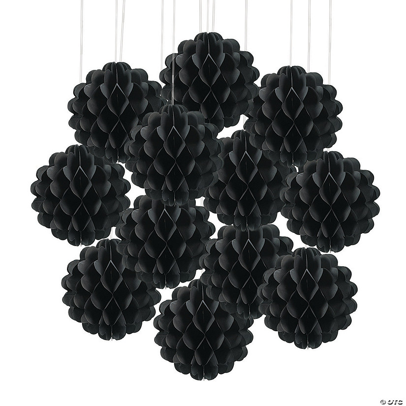 8" Black Hanging Honeycomb Tissue Paper Balls - 12 Pc. Image