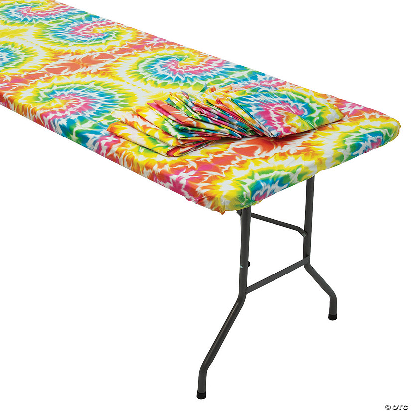 8 Ft. Bulk 12 Pc. Tie-Dye Rectangle Fitted Disposable Plastic Tablecloths Image