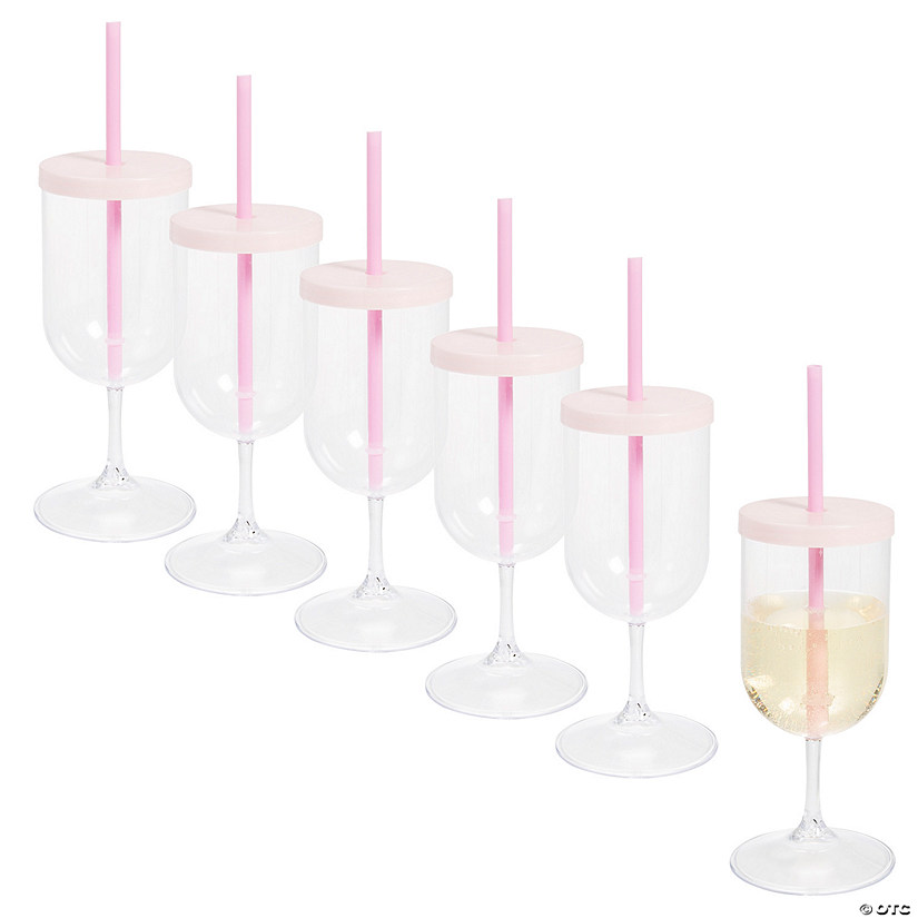 8 oz. Bulk 48 Ct. Portable Plastic Wine Glasses with Lids & Straws Image
