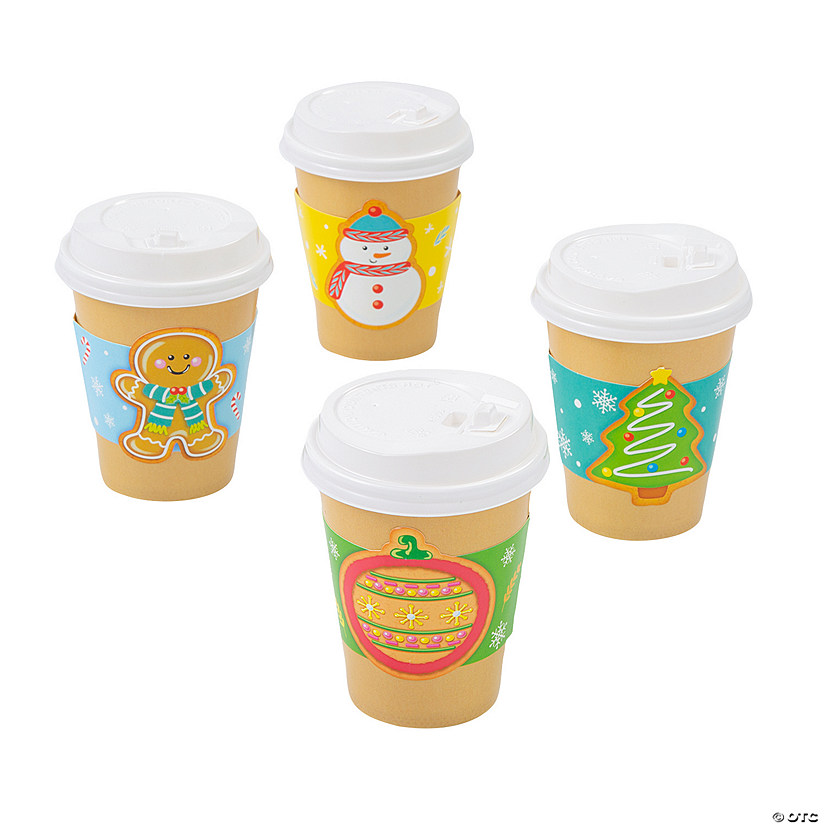 8 oz. Small Christmas Cookie Disposable Paper Coffee Cups with Lids & Sleeves - 12 Ct. Image
