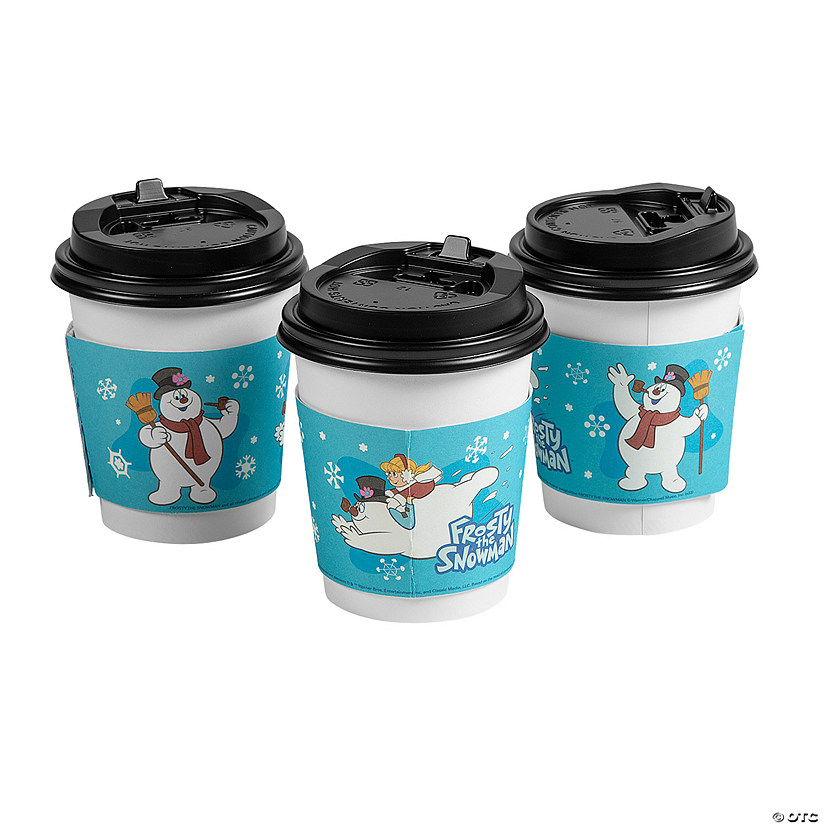 8 oz. Small Frosty the Snowman&#8482; Disposable Paper Coffee Cups with Lids & Sleeves - 12 Ct. Image