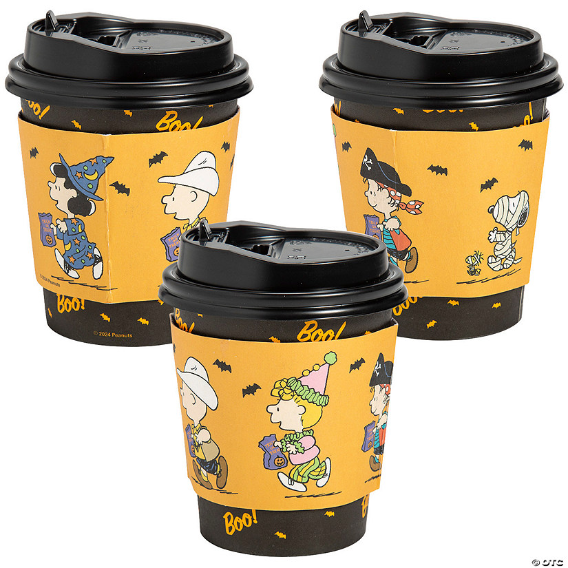 8 oz. Small Peanuts<sup>&#174;</sup> Halloween Disposable Paper Coffee Cups with Lids & Sleeves - 12 Pc. Image