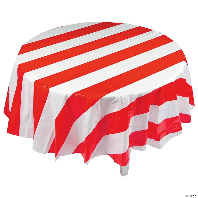 82" Red & White Striped Round Plastic Tablecloth Image