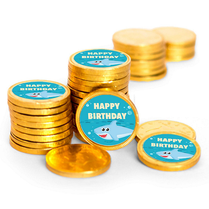 84 Pcs Blue Shark Kid's Birthday Candy Party Favors Chocolate Coins with Gold Foil Image