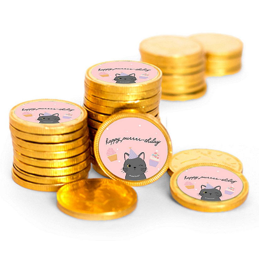 84 Pcs Cats Kid's Birthday Candy Party Favors Chocolate Coins with Gold Foil Image