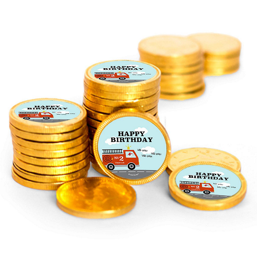 84 Pcs Fire Truck Kid's Birthday Candy Party Favors Chocolate Coins with Gold Foil Image