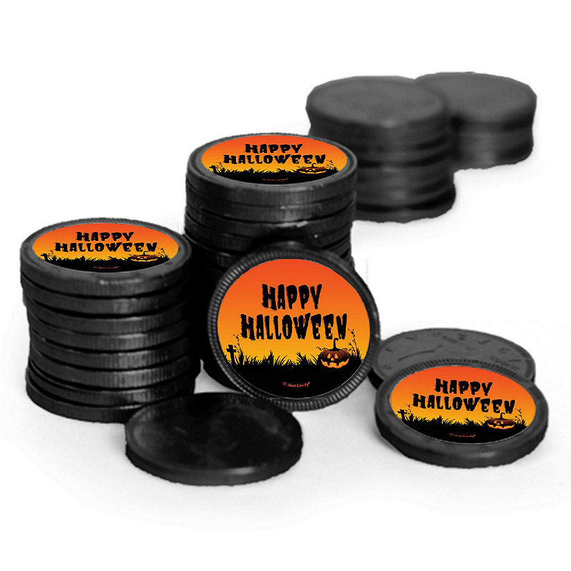 84 Pcs Halloween Candy Party Favors Chocolate Coins - Black Foil - Happy Halloween Image