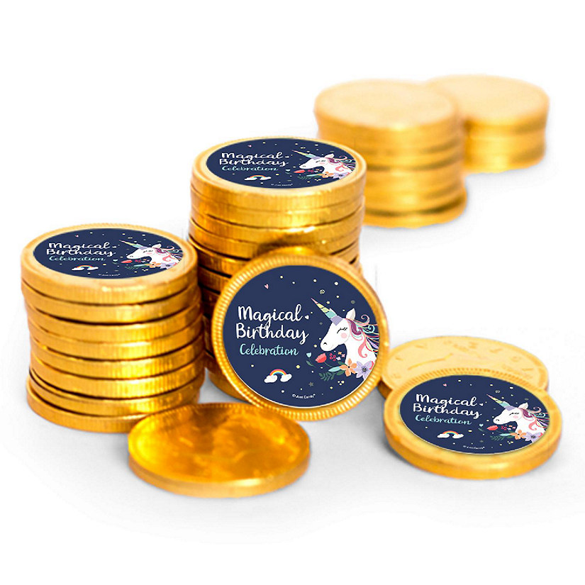 84 Pcs Navy Unicorn Kid's Birthday Candy Party Favors Chocolate Coins with Gold Foil Image