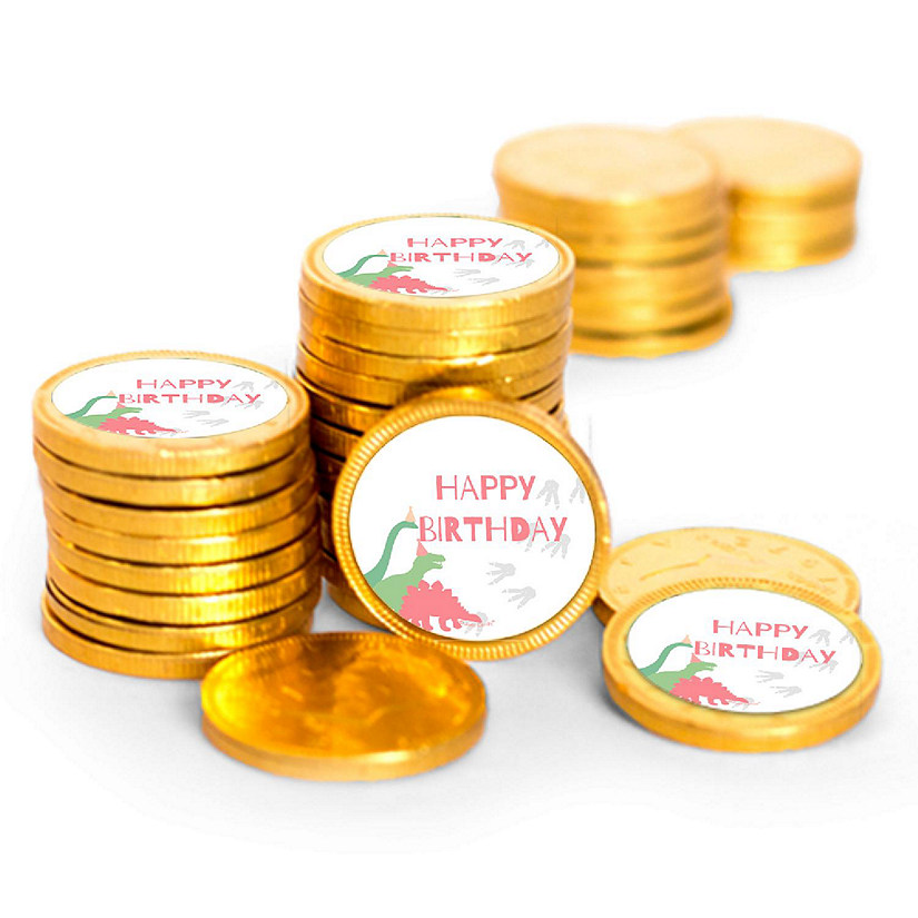84 Pcs Pink Dinosaur Kid's Birthday Candy Party Favors Chocolate Coins with Gold Foil Image