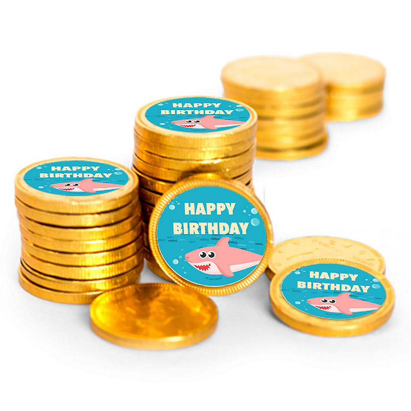 84 Pcs Pink Shark Kid's Birthday Candy Party Favors Chocolate Coins with Gold Foil Image