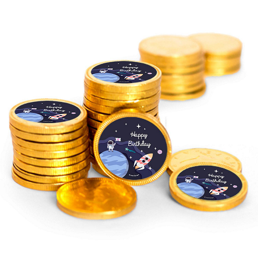 84 Pcs Space Galaxy Kid's Birthday Candy Party Favors Chocolate Coins with Gold Foil Image