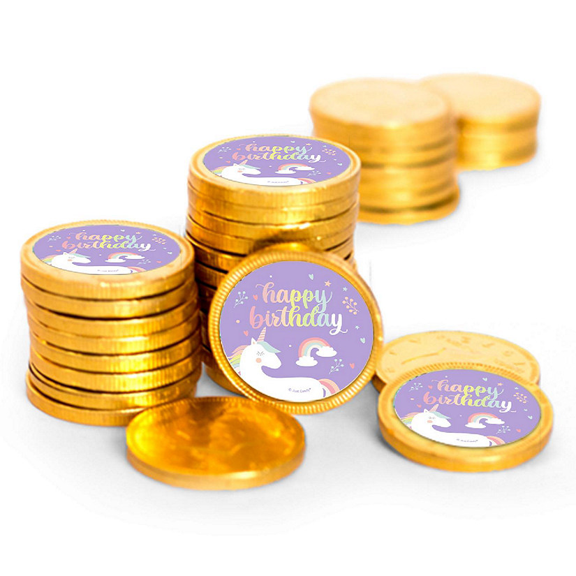 84 Pcs Unicorn Kid's Birthday Candy Party Favors Chocolate Coins (84 Count) - Gold Foil - By Just Candy Image