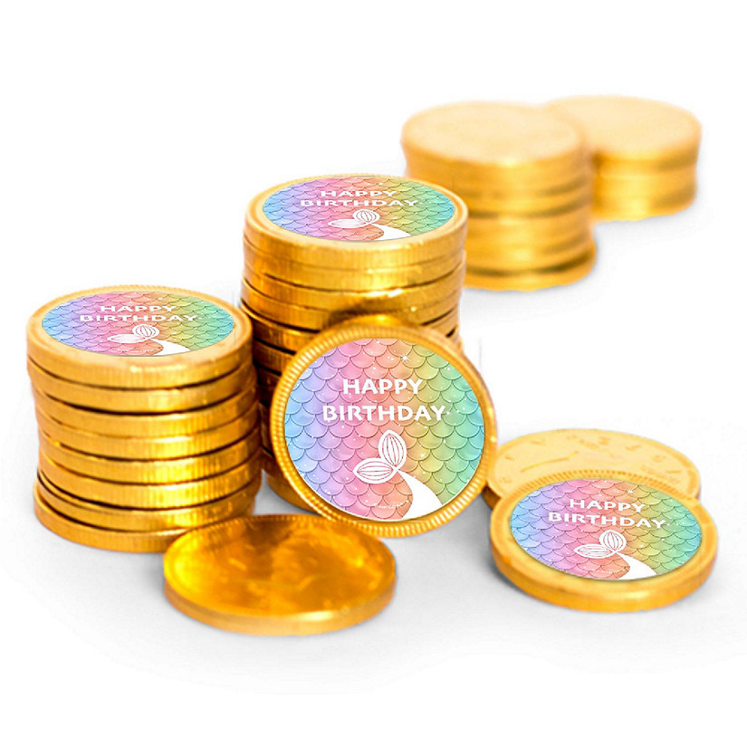 84ct Rainbow Mermaid Kid's Birthday Candy Party Favors Chocolate Coins (84 Count) - Gold Foil - By Just Candy Image