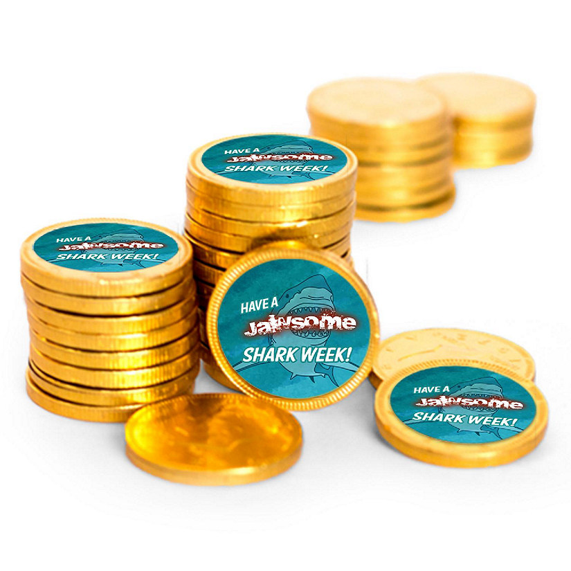 84ct Shark Week Candy Party Favors Chocolate Coins (84 Count) - Gold Foil - By Just Candy Image