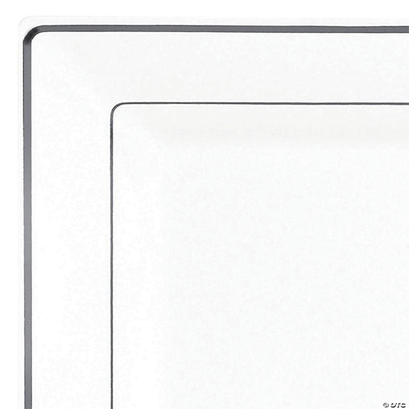 9.5" White with Silver Square Edge Rim Plastic Dinner Plates (40 Plates) Image