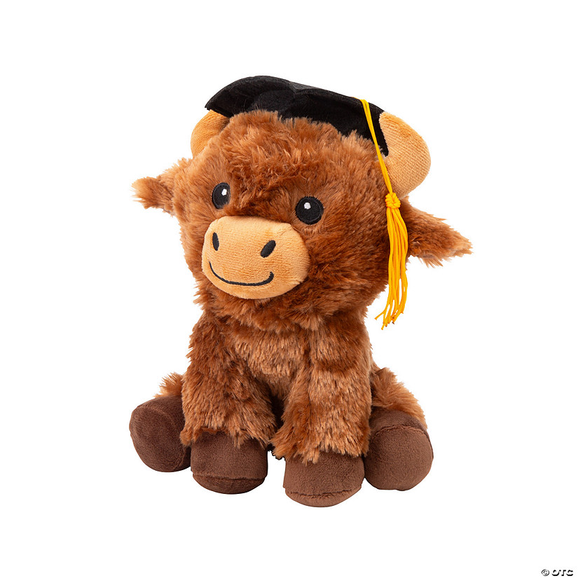 9" Graduation Brown Stuffed Highland Cow with Mortarboard Hat Image