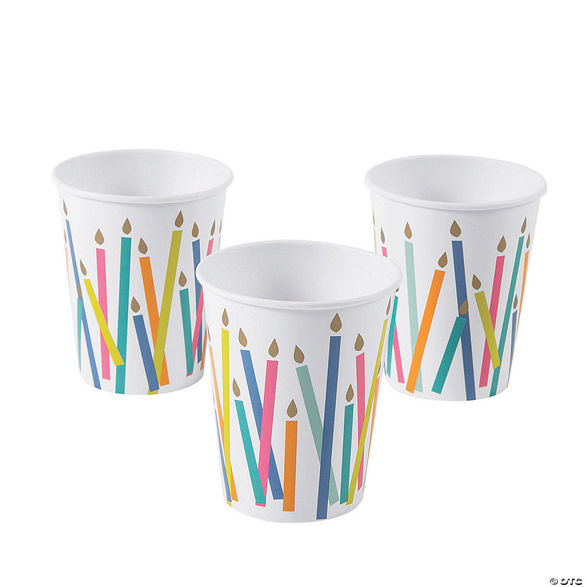 9 oz. Birthday Cake Candle White Disposable Paper Cups - 8 Ct. Image