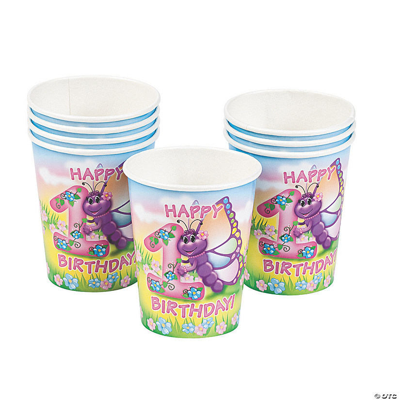 9 oz. Butterfly 1st Birthday Flower Garden Disposable Paper Cups - 8 Ct. Image