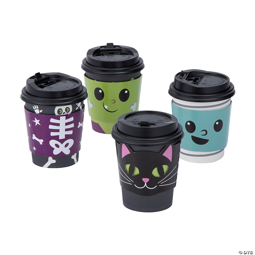 9 oz. Cute Monster Disposable Paper Coffee Cups with Lids & Sleeves - 12 Ct. Image