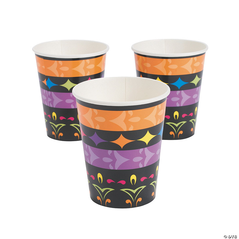 9 oz. Day Of The Dead Patterned Orange & Purple Disposable Paper Cups - 8 Ct. Image