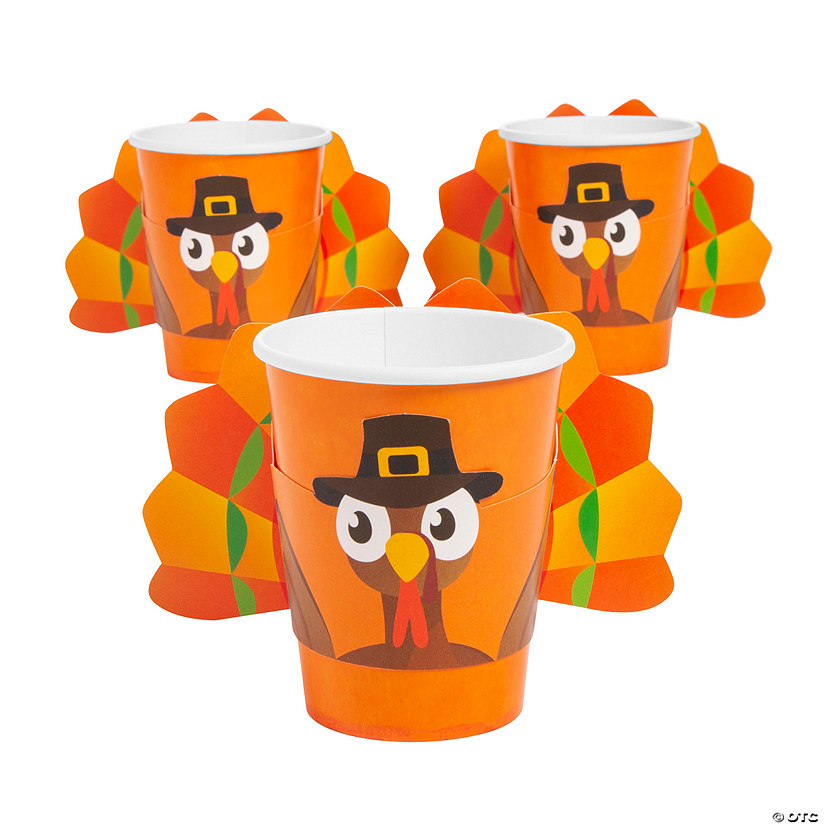 9 oz. Gobble Gobble Party Pilgrim Turkey Orange Disposable Paper Cups with Sleeves - 8 Ct. Image