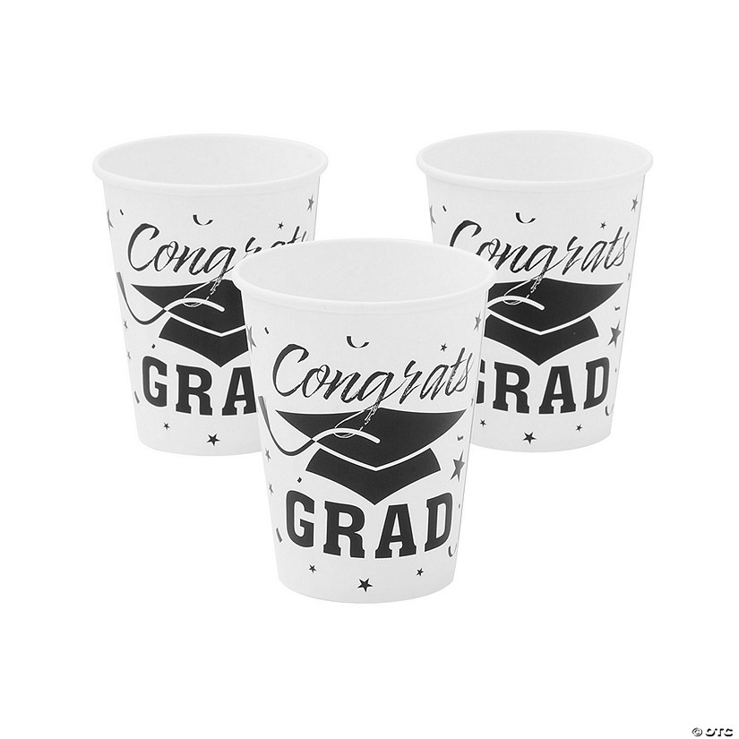 9 oz. White Congrats Grad Cap Disposable Paper Cups - 25 Ct. Image