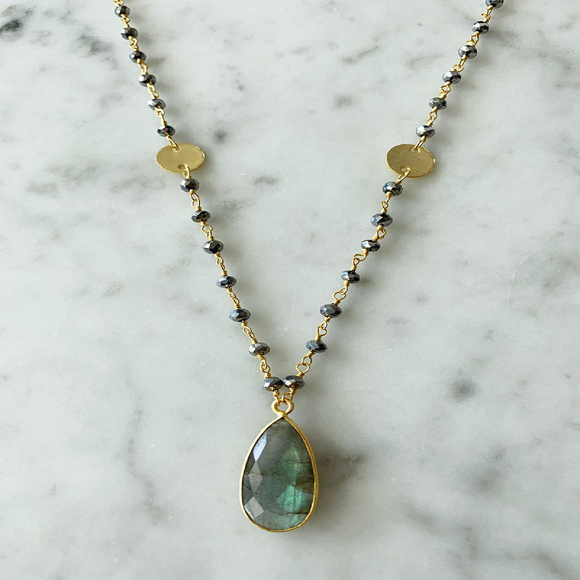 A Blonde and Her Bag - Balmy Nights Labradorite Drop Pendant Necklace with Polished Pyrite Coin Chain Image