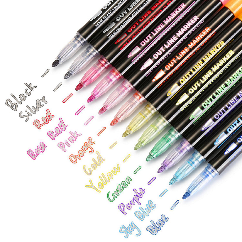 AGPtEK 12 Colors Double Line Outline Pens Metallic Self-Outline Pen Markers Image