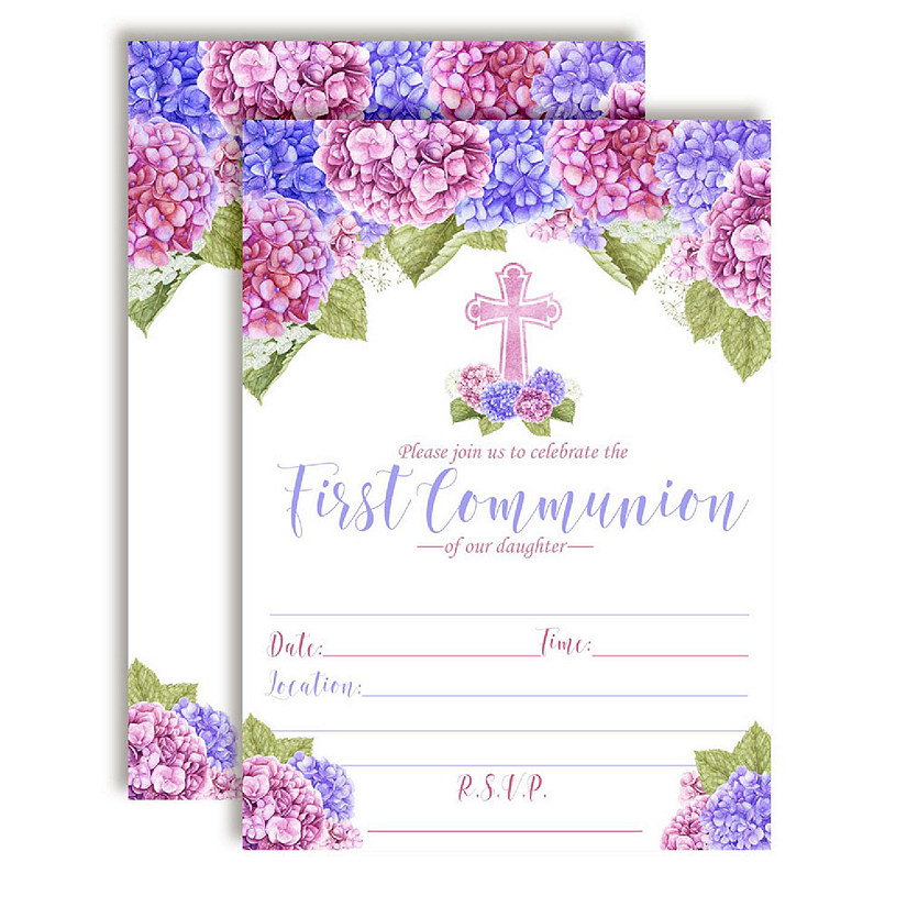 AmandaCreation Floral Hydrangea 1st Communion Invites 40pc. Image