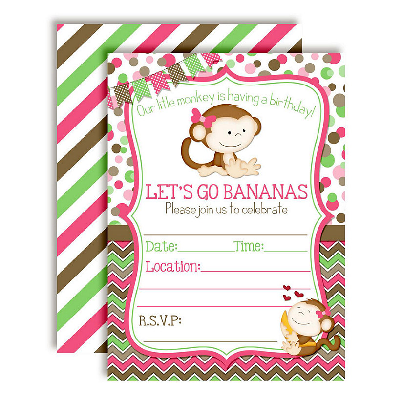 AmandaCreation Monkey Girl Birthday Invites 40pc. Image
