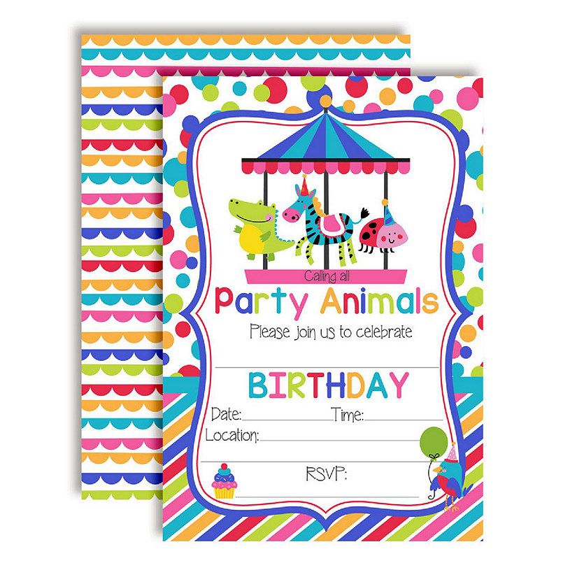 AmandaCreation Party Animals Carousel Birthday Invites 40pc. Image