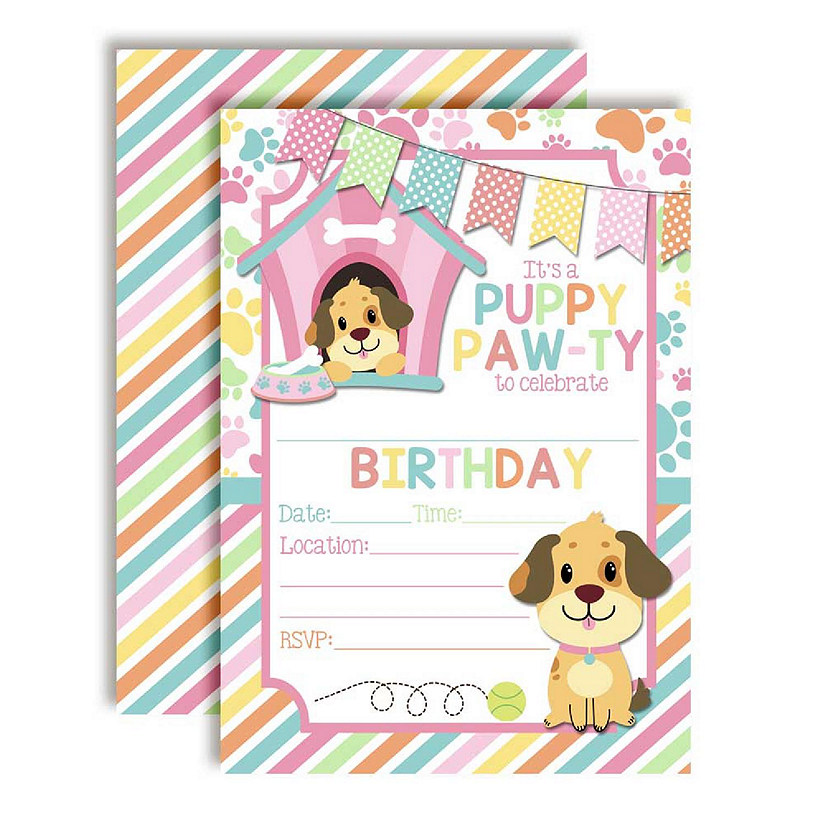 AmandaCreation Puppy Rainbow Girl Birthday Invites 40pc. Image