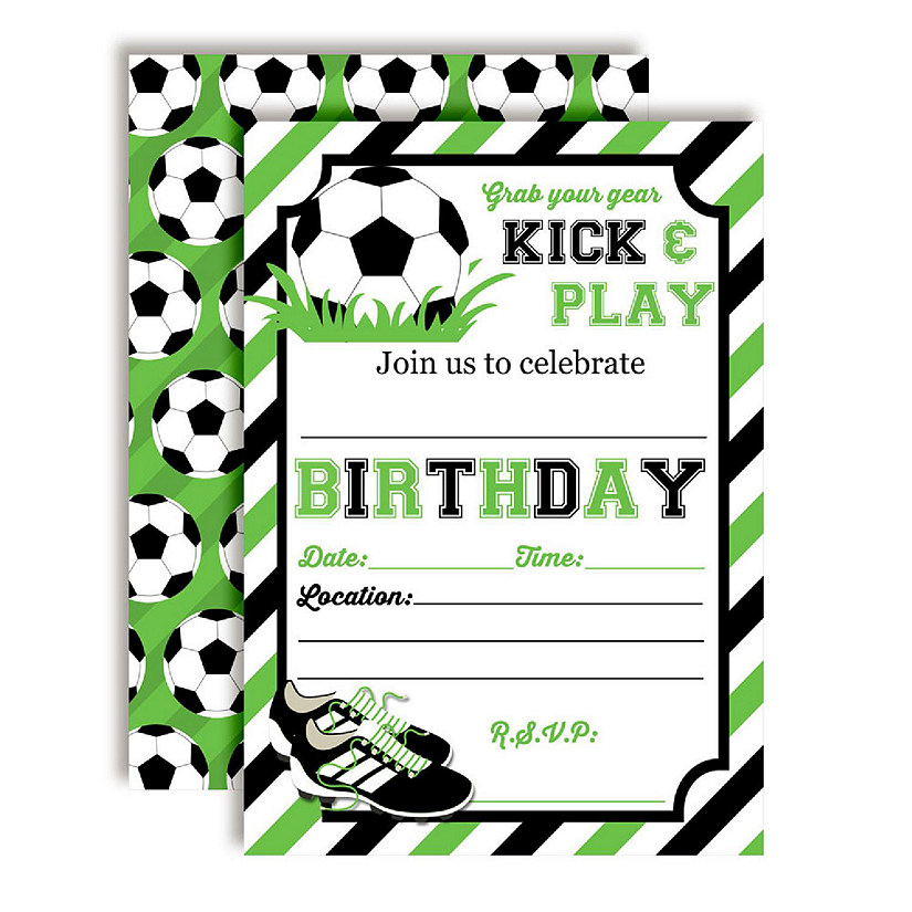 AmandaCreation Soccer Green and Black Birthday Invites 40pc. Image