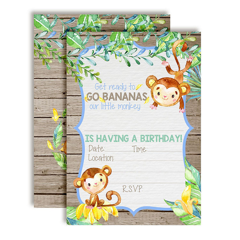 AmandaCreation Watercolor Monkey Boy Birthday Invites 40pc. Image