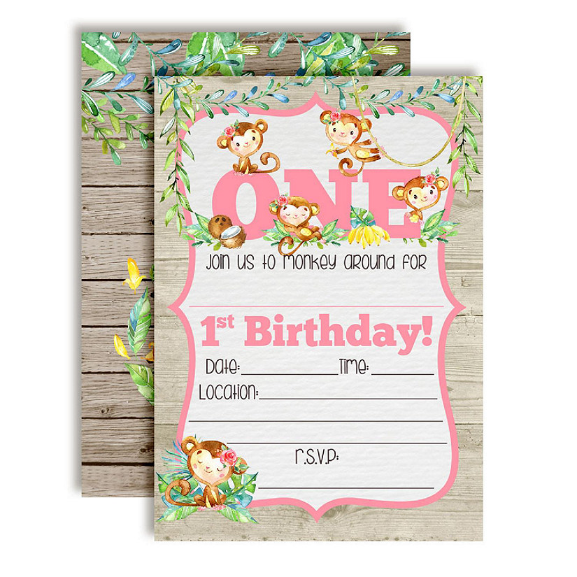AmandaCreation Watercolor Monkey Girl First Birthday Invites 40pc. Image