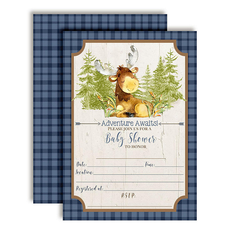 AmandaCreation Watercolor Moose Boy Baby Shower Invites 40pc. Image