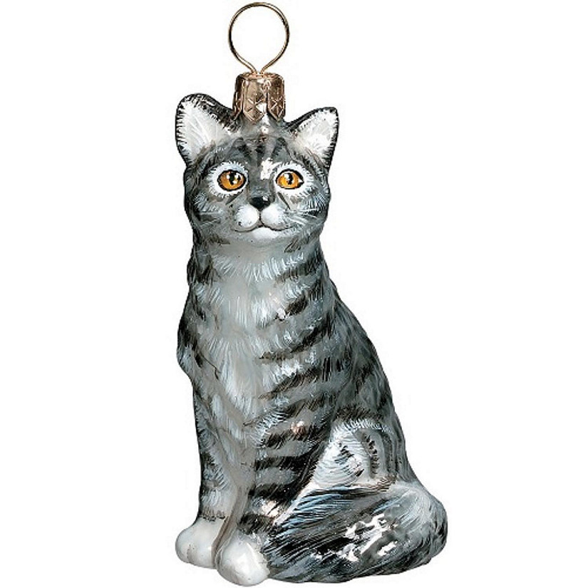 American Shorthair Gray Sitting Cat Polish Glass Christmas Ornament Decoration Image