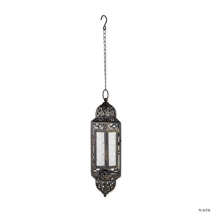 Antique Victorian Black Filigree Embellished Hanging Candle Lantern 13" Tall Image