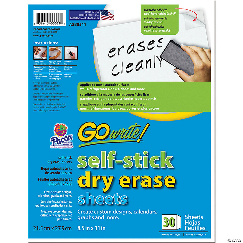 Array Dry Erase Sheets, Self-Adhesive, White, 8-1/2" x 11", 30 Sheets Image