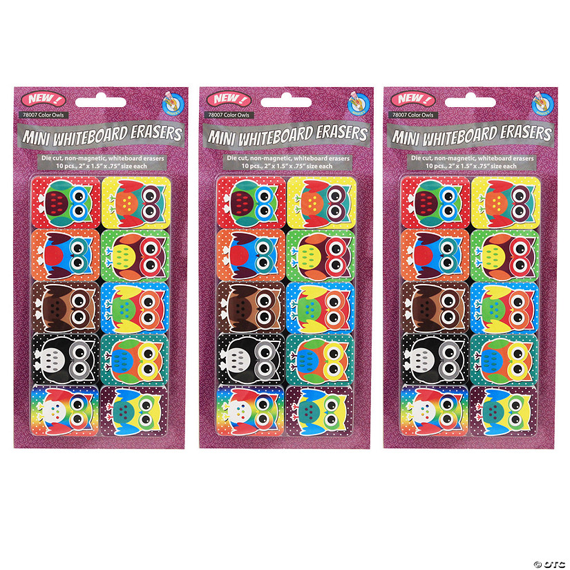 Ashley Productions Non-Magnetic Mini Whiteboard Erasers, Color Owls, 10 Per Pack, 3 Packs Image