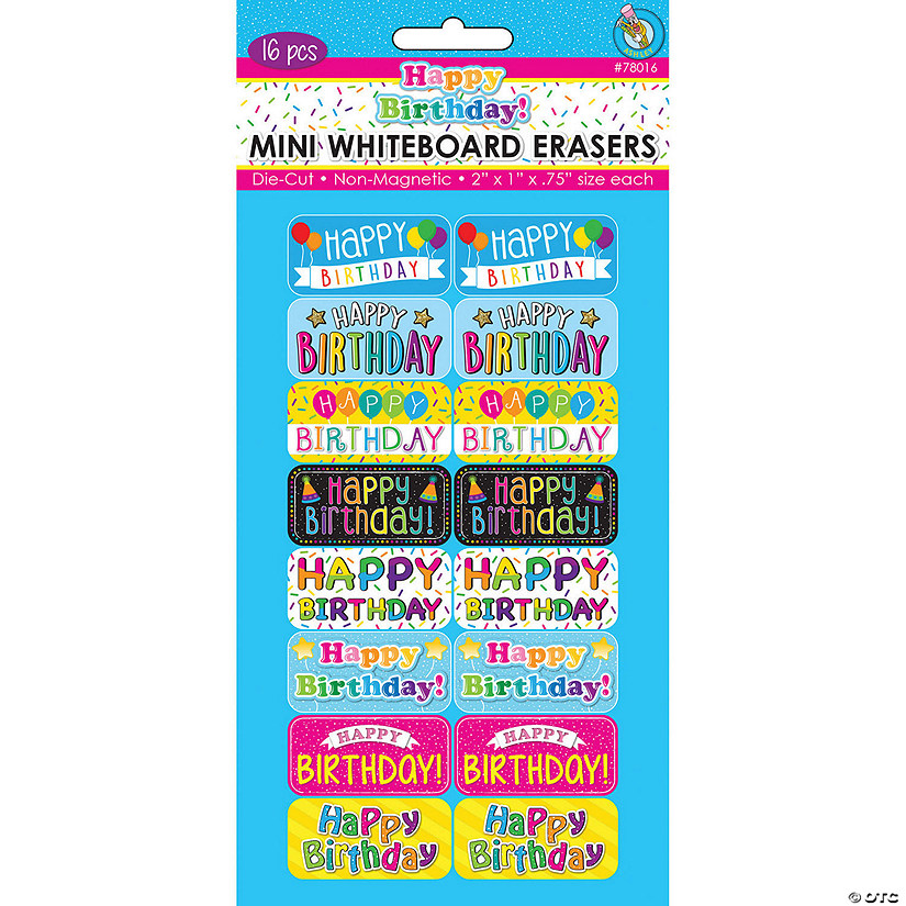 Ashley Productions Non-Magnetic Mini Whiteboard Erasers, Happy Birthday, Pack of 16 Image