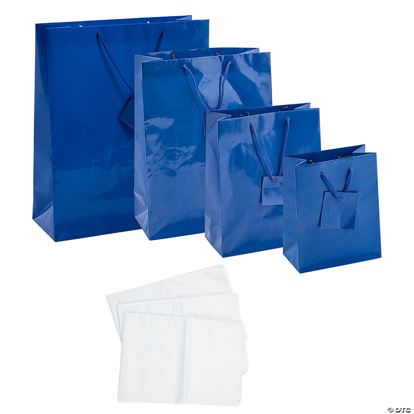 Assorted Royal Blue Gift Bags with Tags & Tissue Paper Kit - 168 Pc. Image