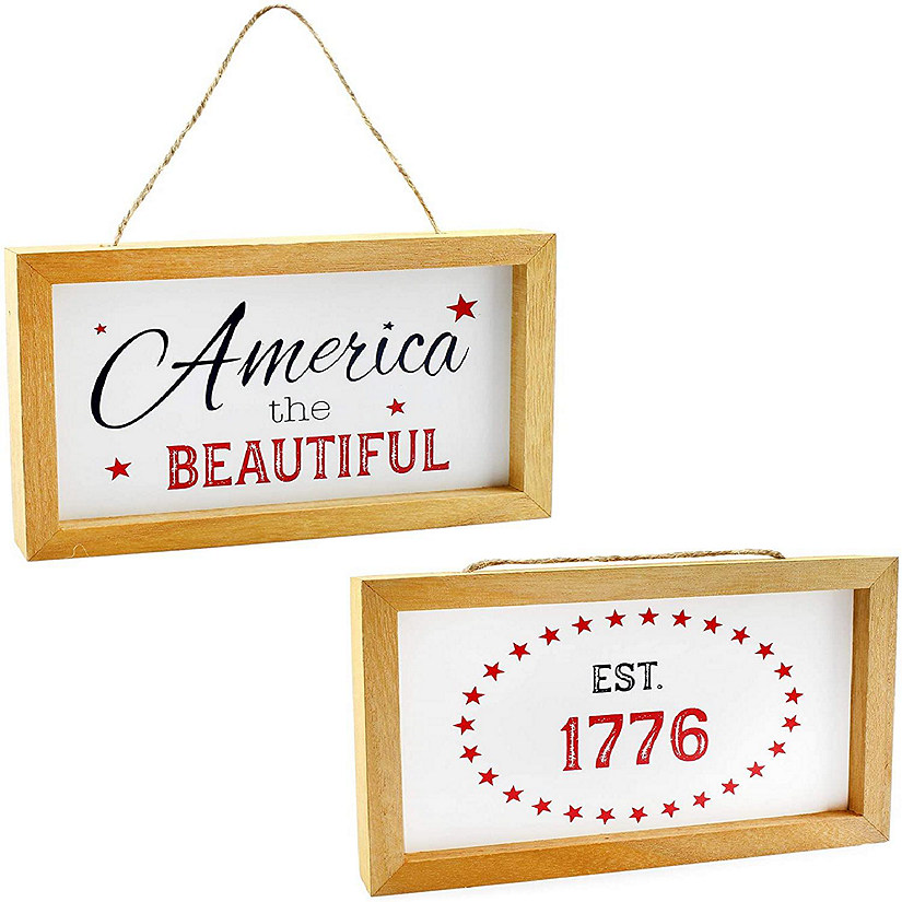 AuldHome 4th of July Signs, Set of 2 Decorative Wood Americana Patriotic Signs for Memorial Day and Independence Day Home Decor, 8.5 x 5 Inches Image