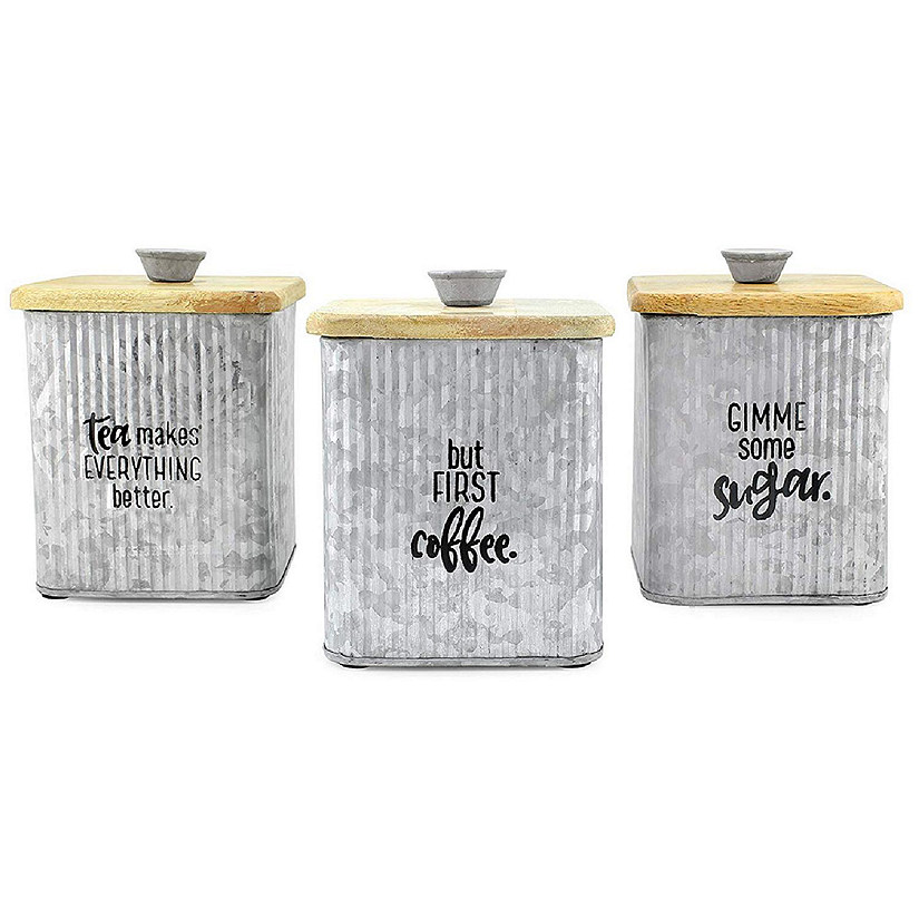 AuldHome Design Farmhouse Galvanized Canisters (Set of 3); Storage Containers for Coffee, Tea and Sugar in Galvanized Iron and Wood Design Image