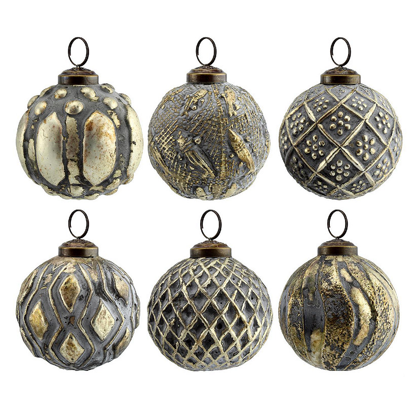 AuldHome Farmhouse Ball Ornaments (Set of 6, Silver Gray); Distressed Metal Glass Ball Vintage Style Christmas Decorations Image