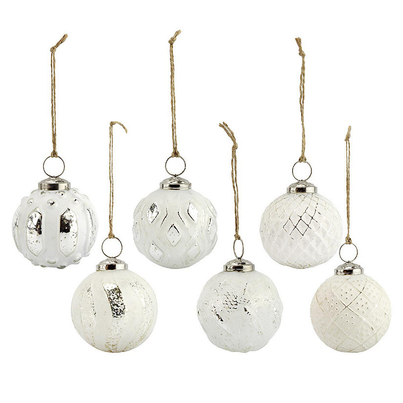 AuldHome Farmhouse Ball Ornaments (Set of 6, White); Distressed Metal Glass Ball Vintage Style Christmas Decorations Image