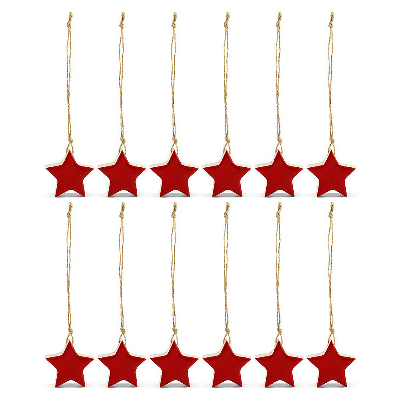 AuldHome Farmhouse Star Ornaments (12-Pack, Red); Wood with Red Enamel 2-Inch Star Christmas Decorations, Retro Vintage Enamelware Style Image
