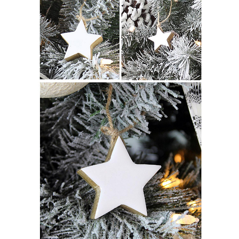 AuldHome Farmhouse Star Ornaments (12-Pack, White); Wood with White Enamel 2-Inch Star Christmas Decorations, Retro Vintage Enamelware Style Image